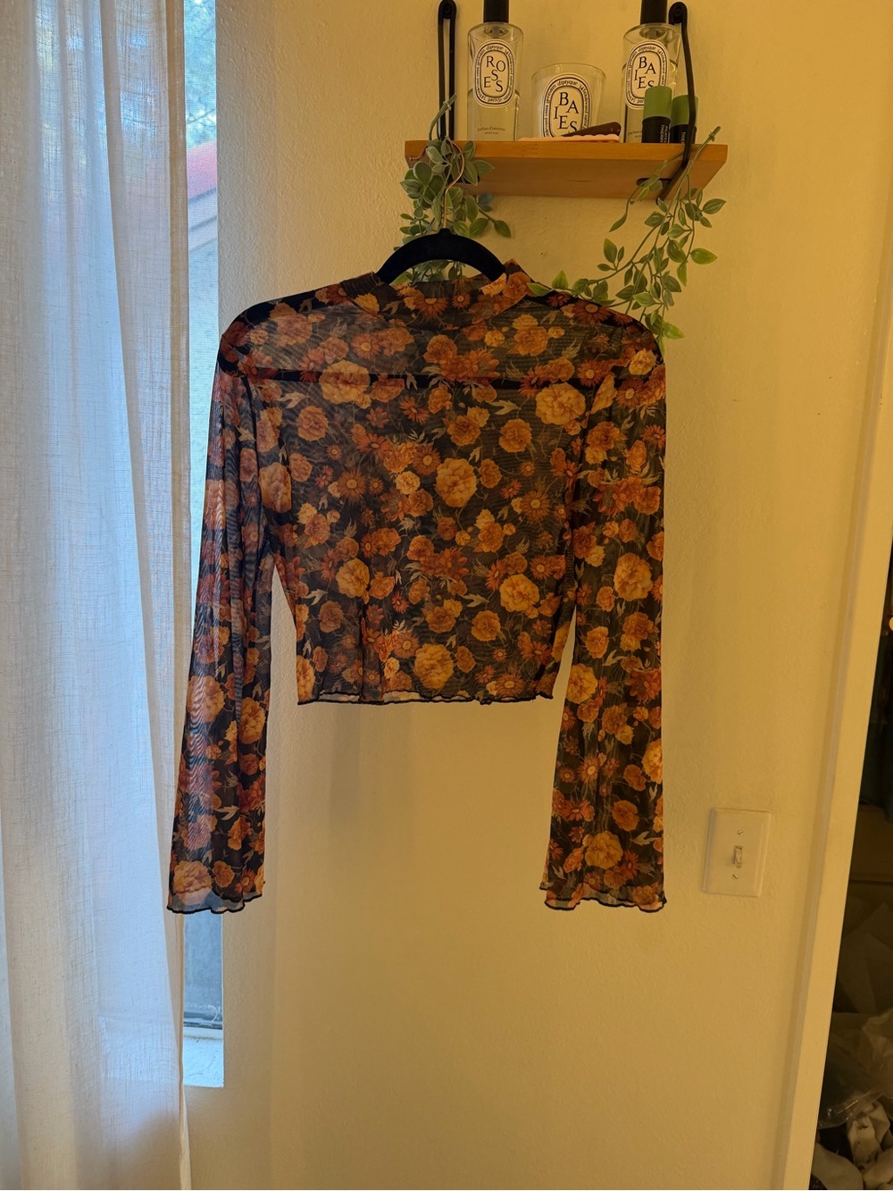 Sheer Floral Long-Sleeve Crop Top - Black with Rust Floral